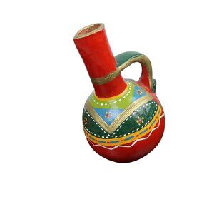 Vintage Mexican Folk Art Hand-Painted Red Ceramic Terracotta Pottery Jug Vase
